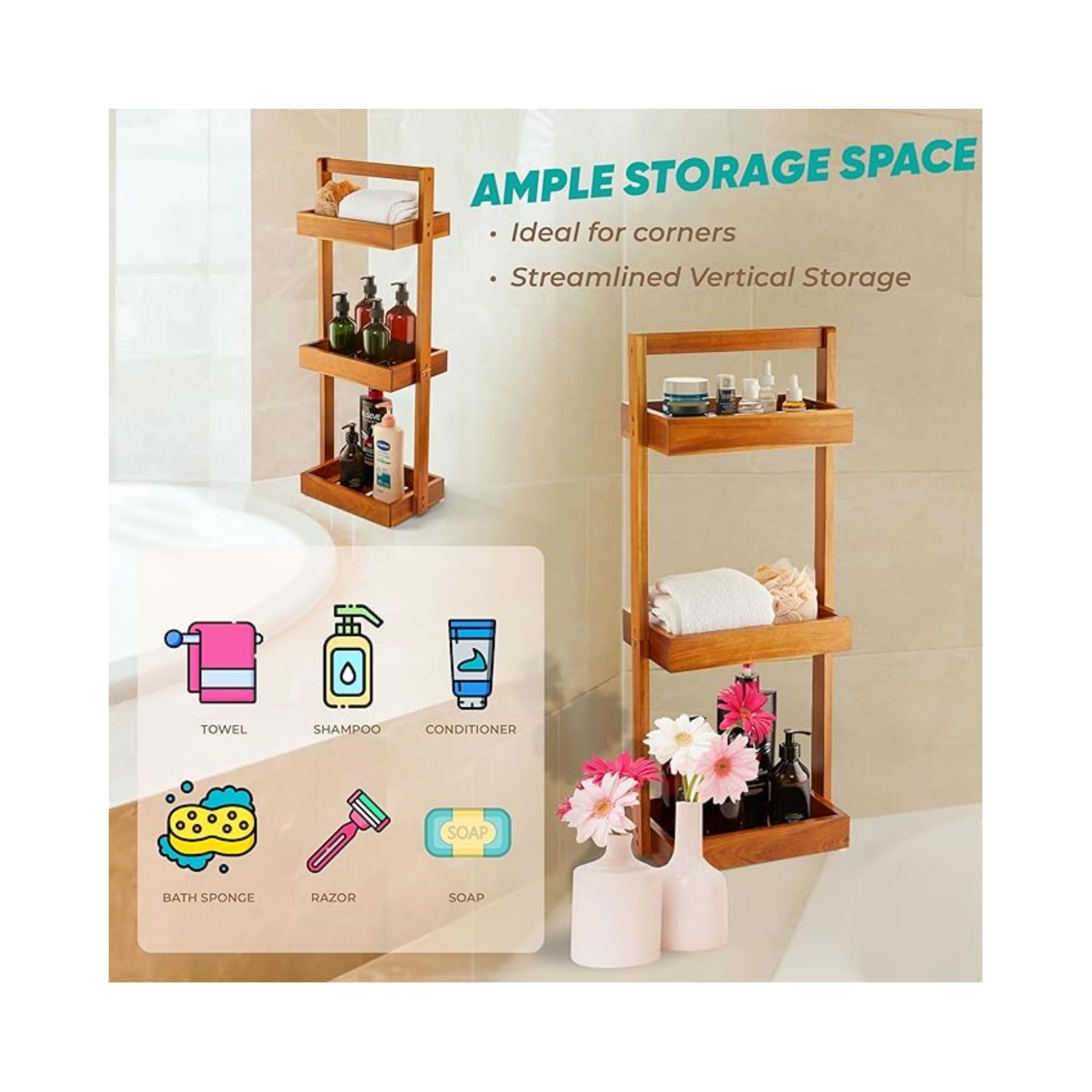 3 Tier Bathroom Organizer Countertop, Bamboo Bathroom Counter Shelf, Bathroom Counter Storage Organizer