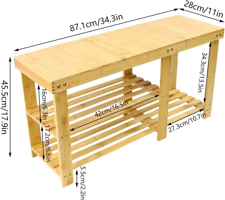 Bamboo Shoe Rack Bench with 2 Tiers Shelves Display Storage and Organizer for Bedroom, Entryway, Hallway