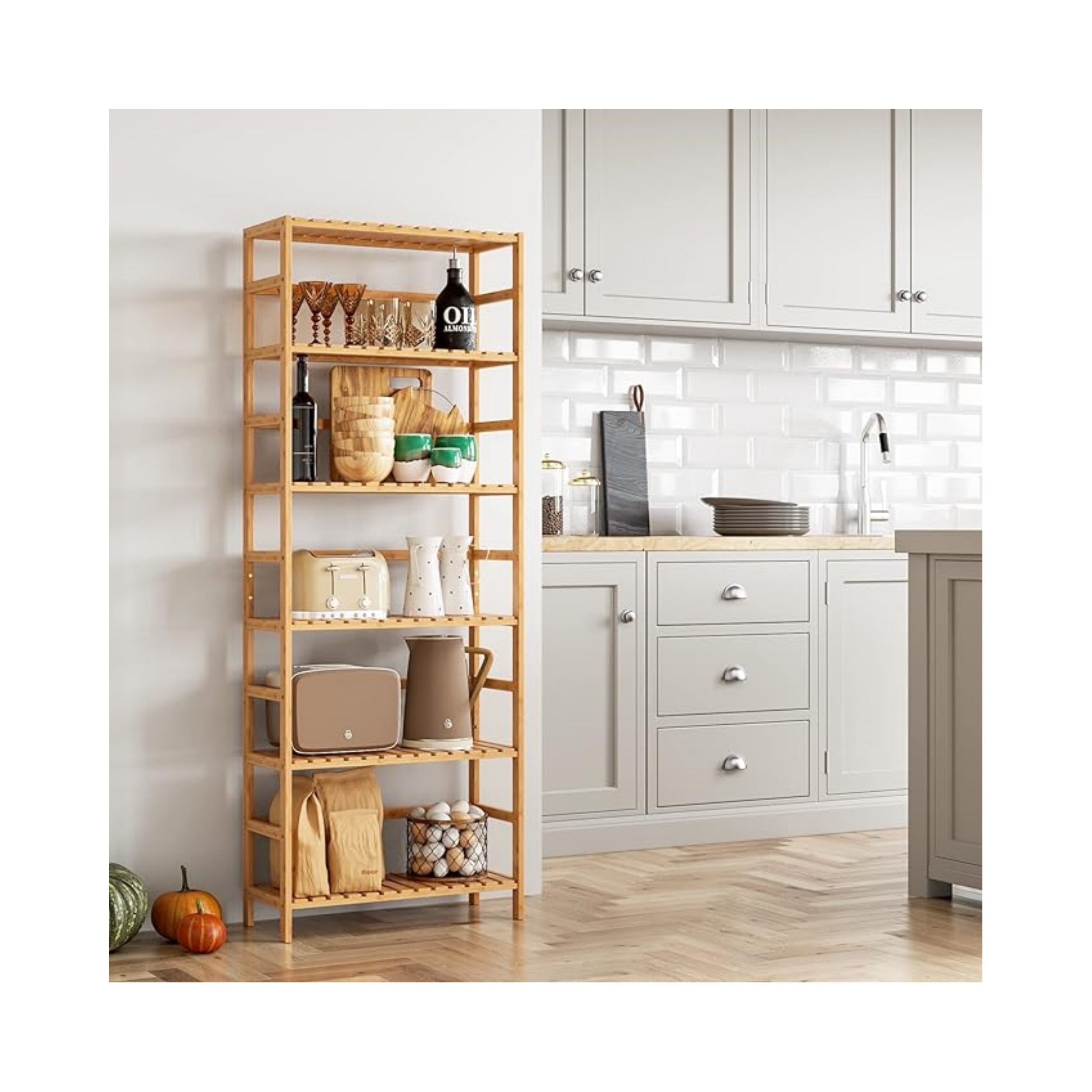 6 Tier Bamboo Adjustable Shelves Free Standing Storage Unit for Kitchen Bathroom or Home Plant & Flower Stand