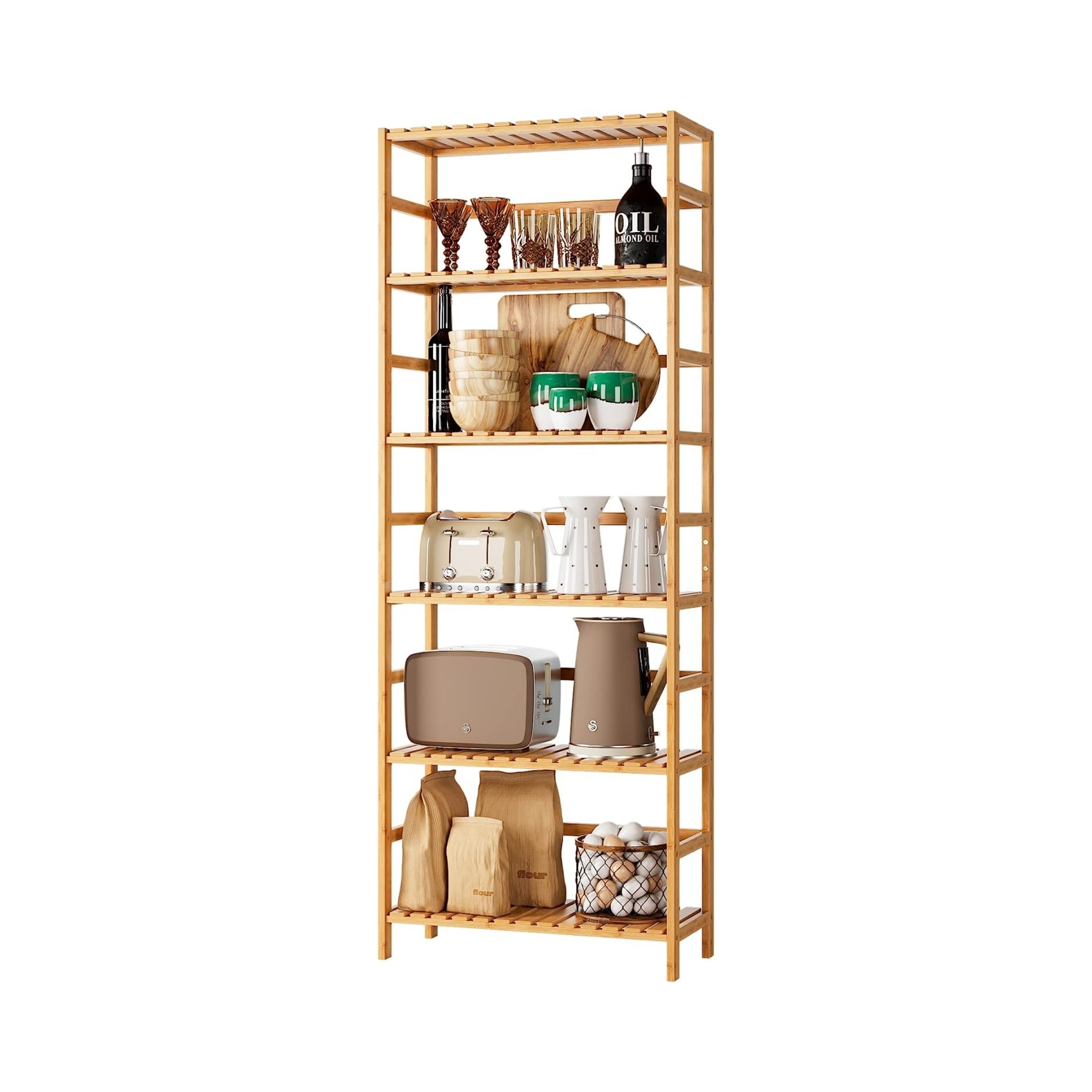 6 Tier Bamboo Adjustable Shelves Free Standing Storage Unit for Kitchen Bathroom or Home Plant & Flower Stand