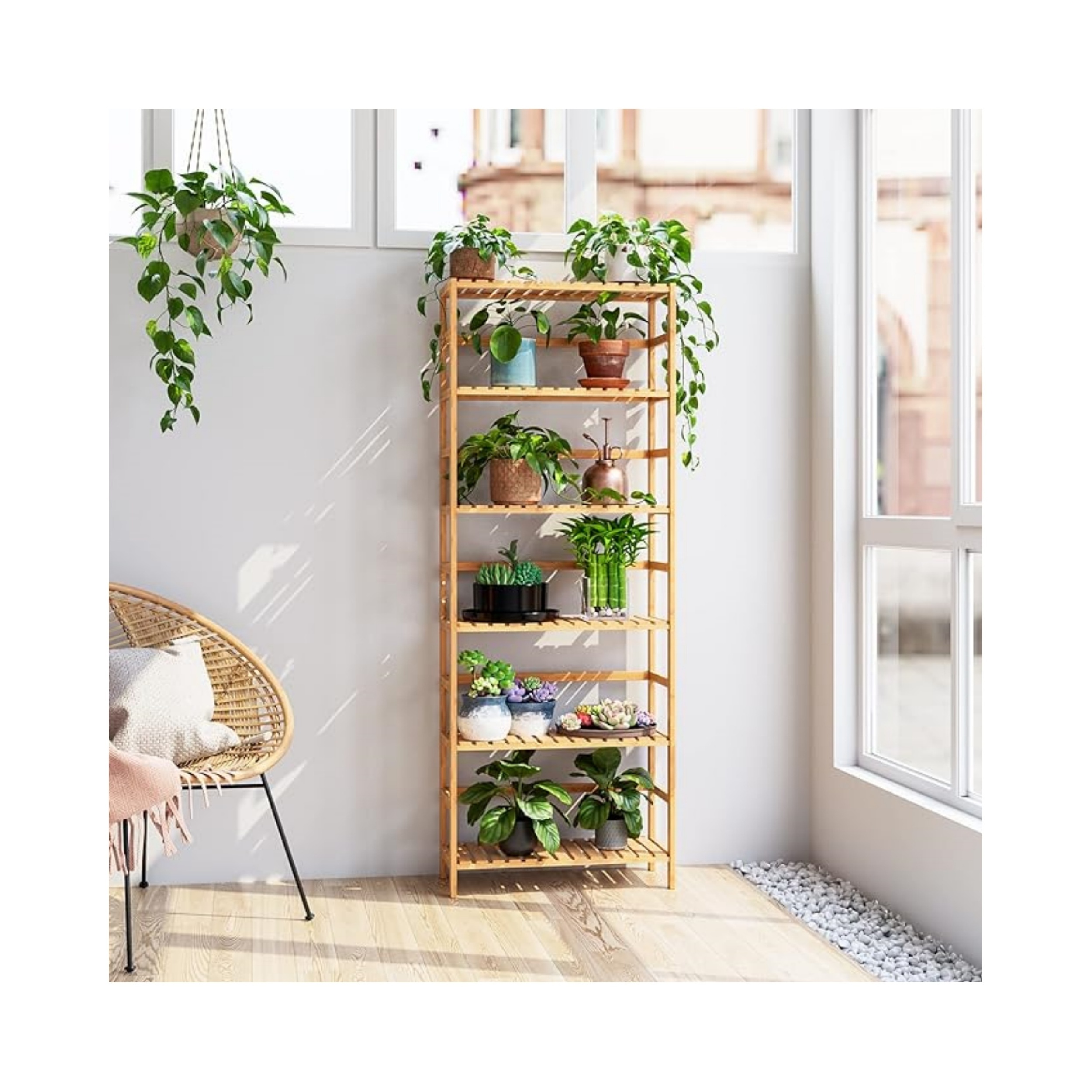 6 Tier Bamboo Adjustable Shelves Free Standing Storage Unit for Kitchen Bathroom or Home Plant & Flower Stand