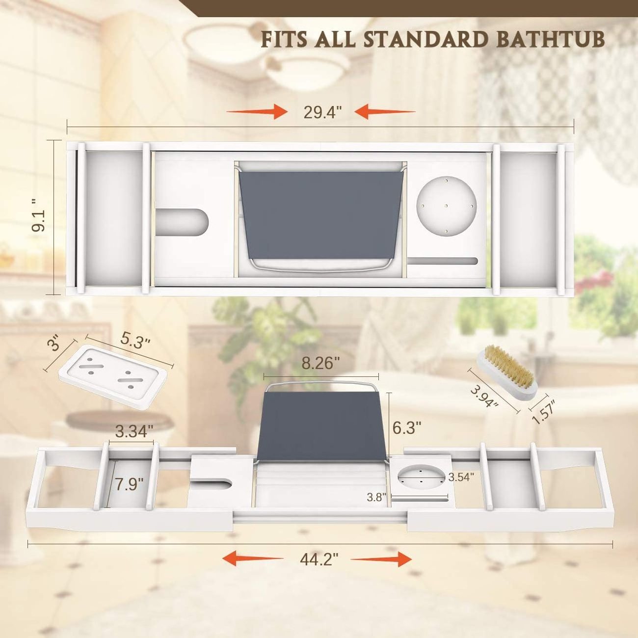 Custom Premium Bathtub Caddy Tray For Luxury Bath White Durable Bamboo Waterproof Expandable Bath Table Over Tub Bath Shelf