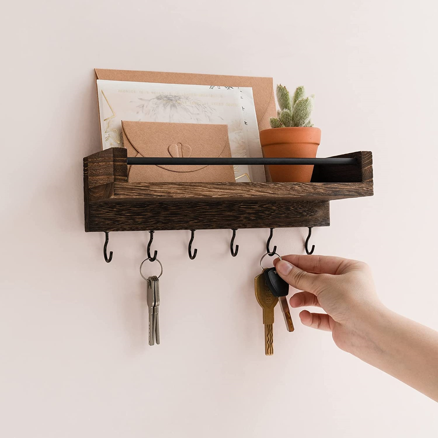 Wooden Mail and Key Organizer Solid Wood Wall Mounted Wooden Mail and Key Holder Wall Shelf with 6 Key Hooks