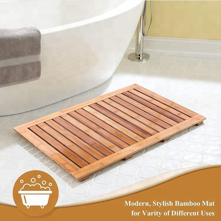 Bamboo Bath Mat Shower Floor Mat for Water Evaporation and Non Slip Rubber Feet for Indoor Outdoor Use