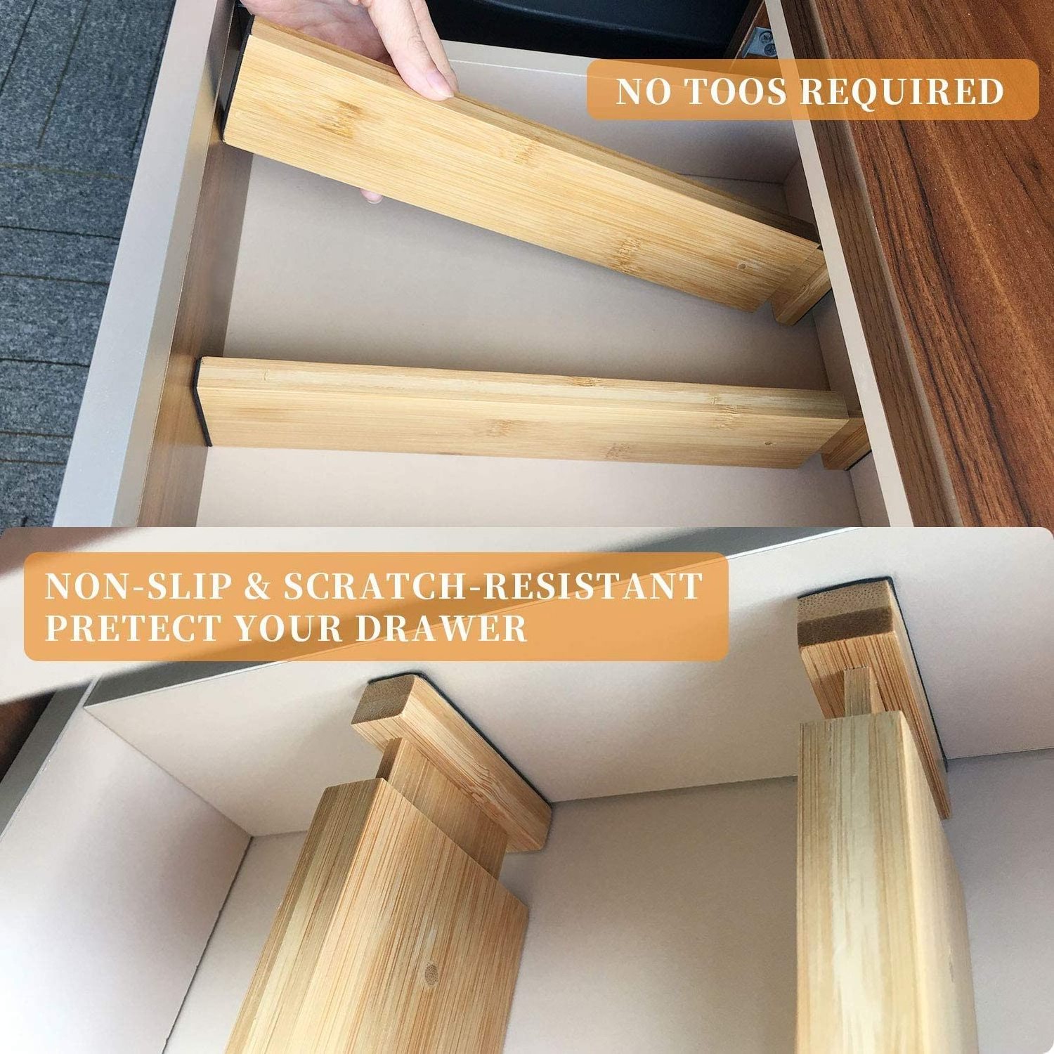 Adjustable Spring Loaded Bamboo Drawer Dividers Organizers 6-pack Utensil Separators for Kitchen, Bedroom