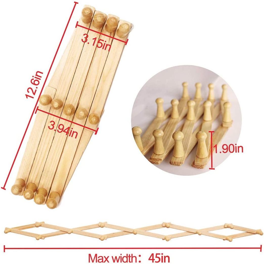 High quality Accordion style expandable wall wooden clothes rack with 13 hooks for hanging towels, hats and scarves