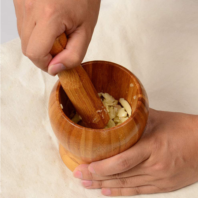 Bamboo Mortar and Pestle, Garlic Press Ginger Crusher Spices Grinding Set Garlic Mincer Herb Spice Masher Grinder Chopper