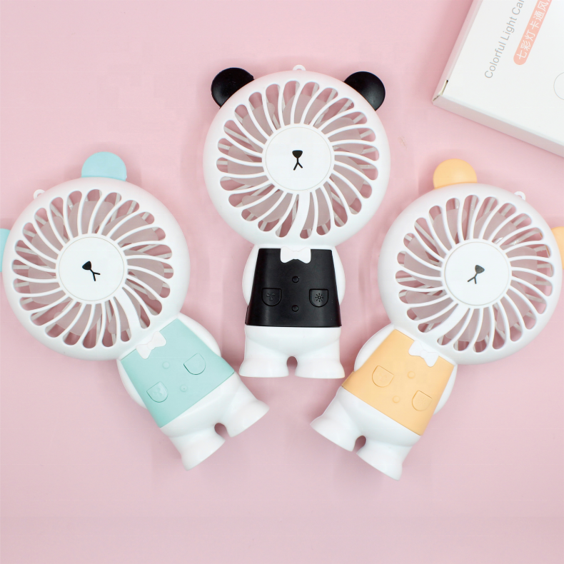 High-Quality Mini Cute USB Rechargeable Brushless Fan Bear Shape Fan With Colourful Light And Lanyard