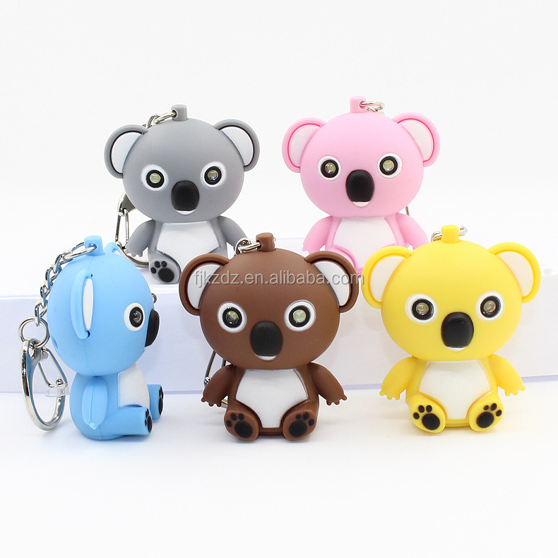 LED novelty keychain kawaii koala bear led light keyrings with sound, anime keychain