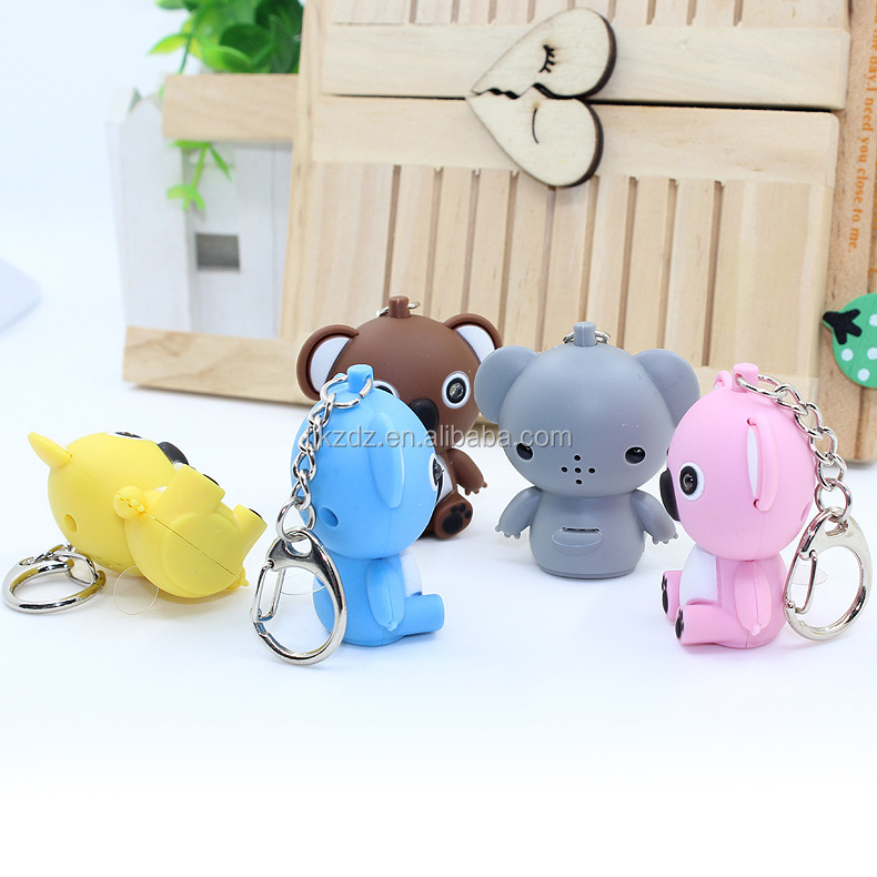 LED novelty keychain kawaii koala bear led light keyrings with sound, anime keychain