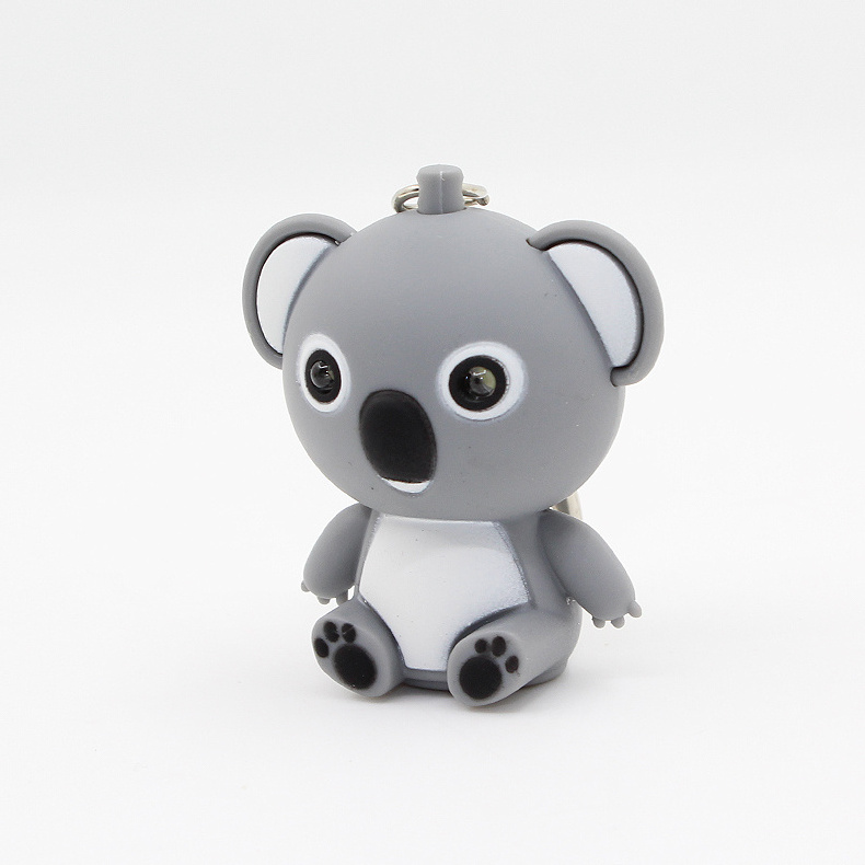 LED novelty keychain kawaii koala bear led light keyrings with sound, anime keychain