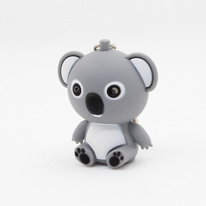 LED novelty keychain kawaii koala bear led light keyrings with sound, anime keychain