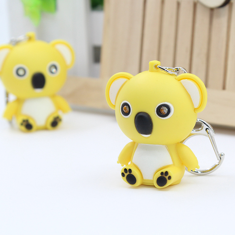 LED novelty keychain kawaii koala bear led light keyrings with sound, anime keychain