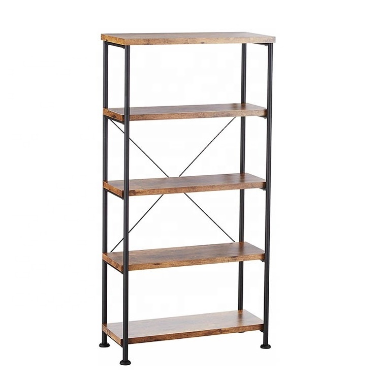 Portable modern furniture large tall bookcase 5 tiers industrial metal ladder book shelf wooden for living room