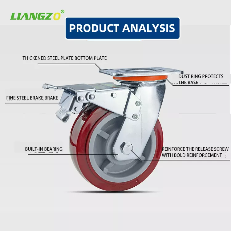 industrial casters polyurethane pu 4 5 6 8 inch castors wheel Rotating Pp Kingpinless heavy duty caster wheel with brake