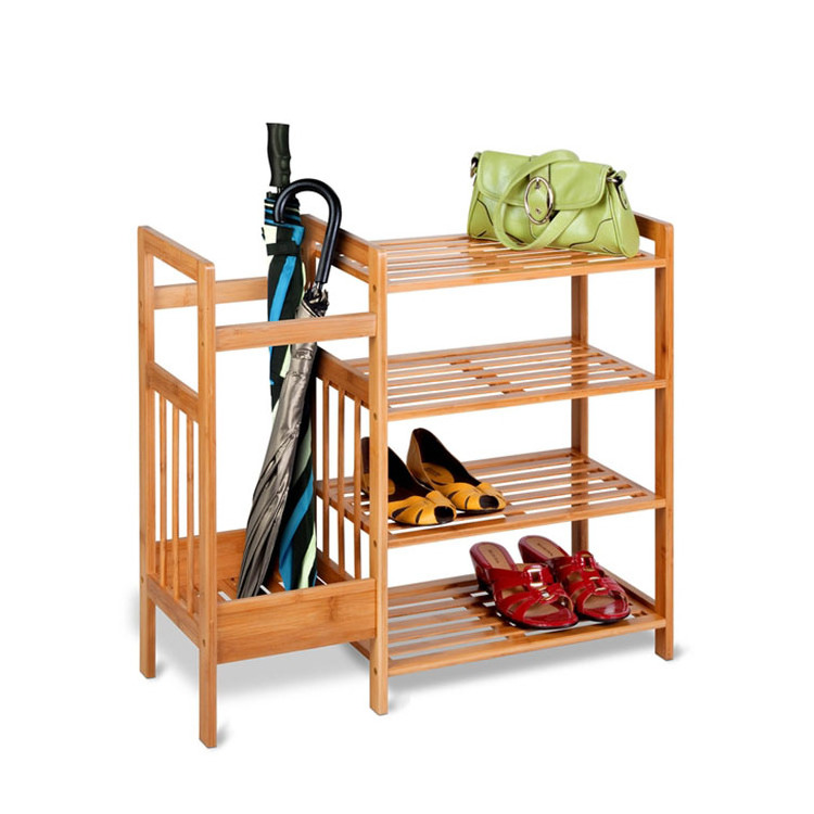 Natural Bamboo 4-Tier Shoe Rack With Seat Entryway Shoe Shelf Storage Organizer