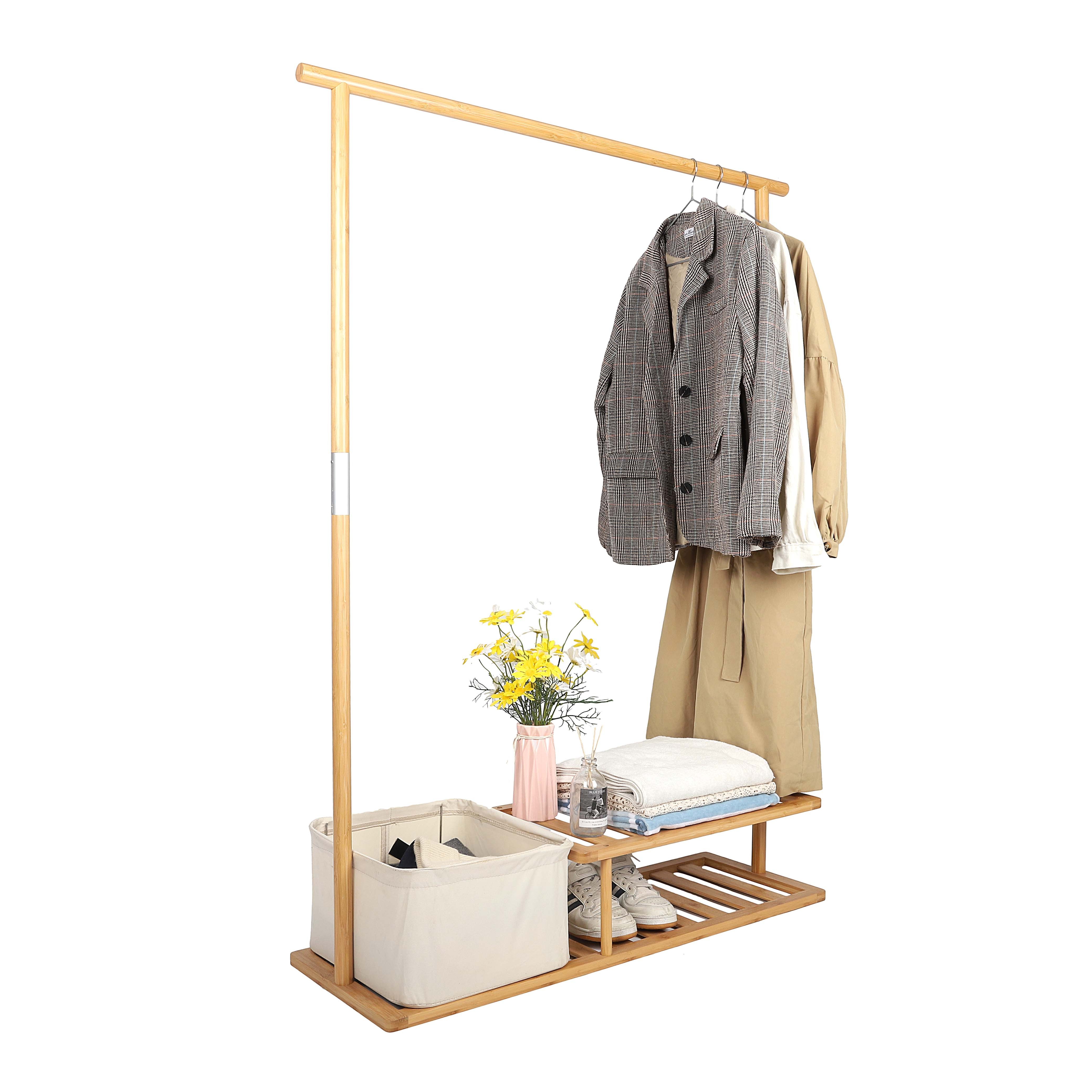 Cloth Hanger Rack 2 Tier Laundry Storage Basket Coat Rack Decorate Display Portable Bamboo Home Custom Living Room Modern