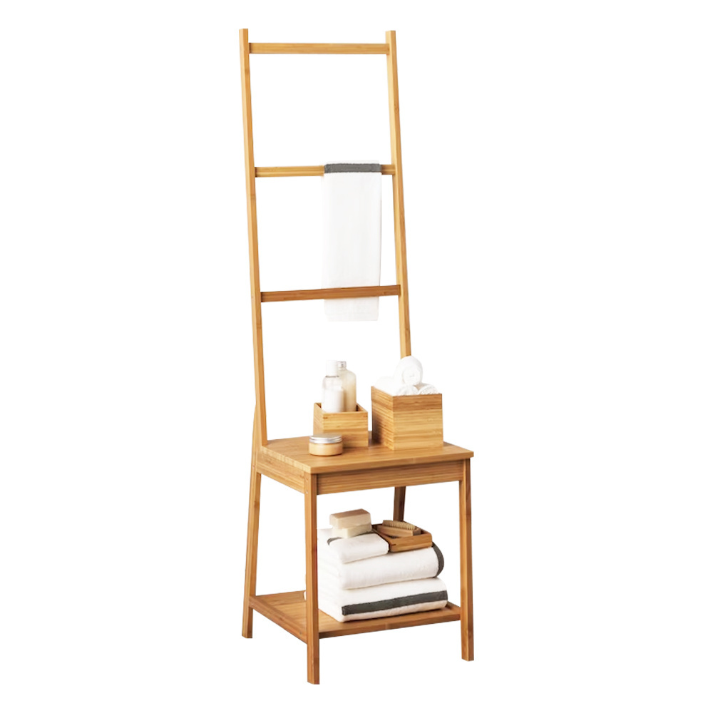 Hot Sell Bamboo Bathroom Storage Rack Chair Seat with Towel Holders Free Standing Storage Shelf Towel Rack