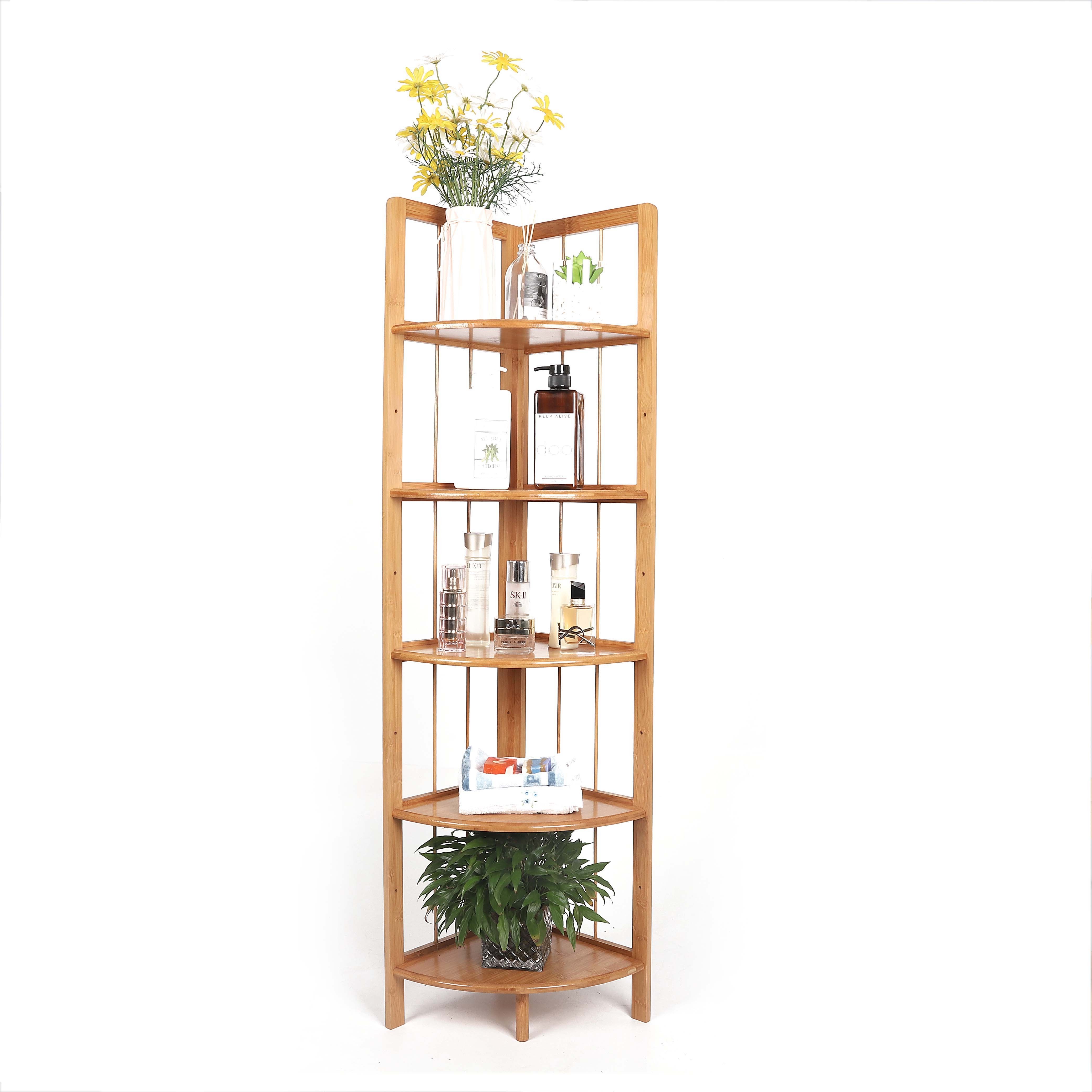 Bamboo 5 Tier Corner Wall Shelf Bookcase Small Display Rack Tall Storage Shelf Stand