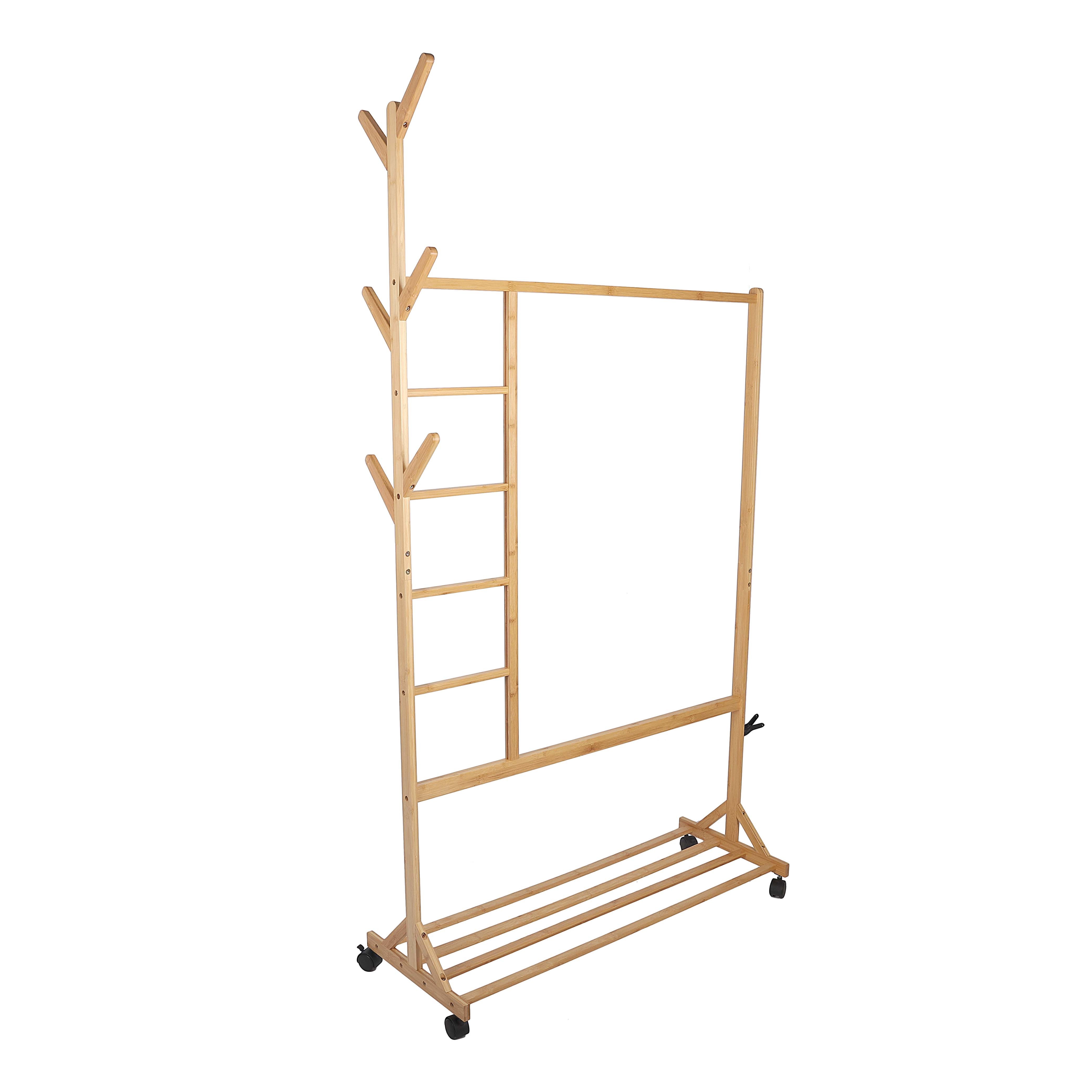 Modern Bamboo Wooden Standing Coat Storage Drying Rack Clothes Tree Hat Stand Shelf with Hanger Living Room Foldable Double