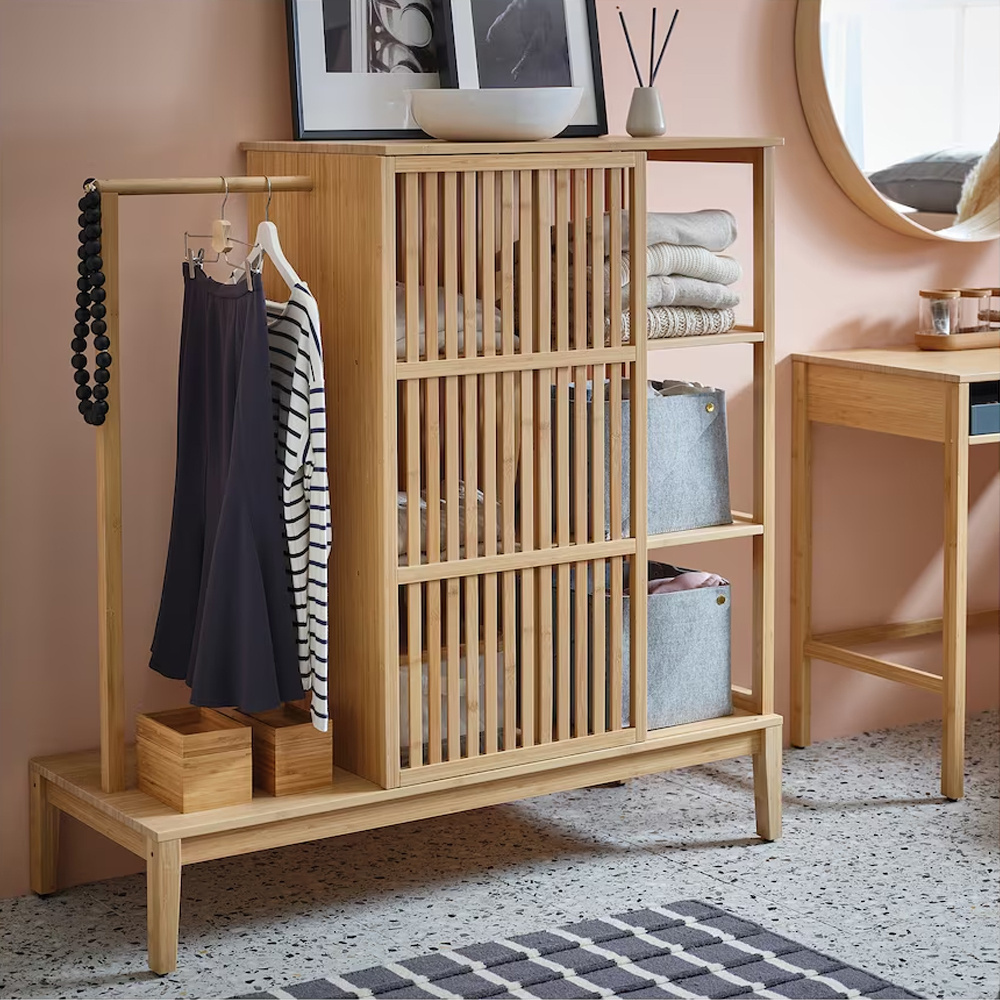 Open Wardrobe with Sliding Door Bamboo Shelf Rack Clothes Bamboo Rail Cloth Rack for Storing Clothes Basket with 3 tiers