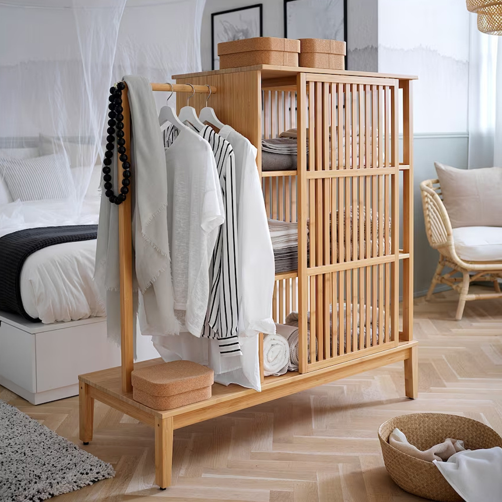 Open Wardrobe with Sliding Door Bamboo Shelf Rack Clothes Bamboo Rail Cloth Rack for Storing Clothes Basket with 3 tiers