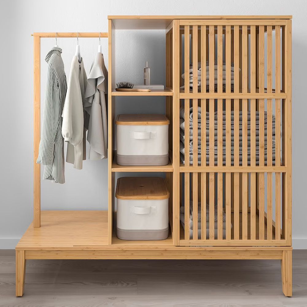 Open Wardrobe with Sliding Door Bamboo Shelf Rack Clothes Bamboo Rail Cloth Rack for Storing Clothes Basket with 3 tiers