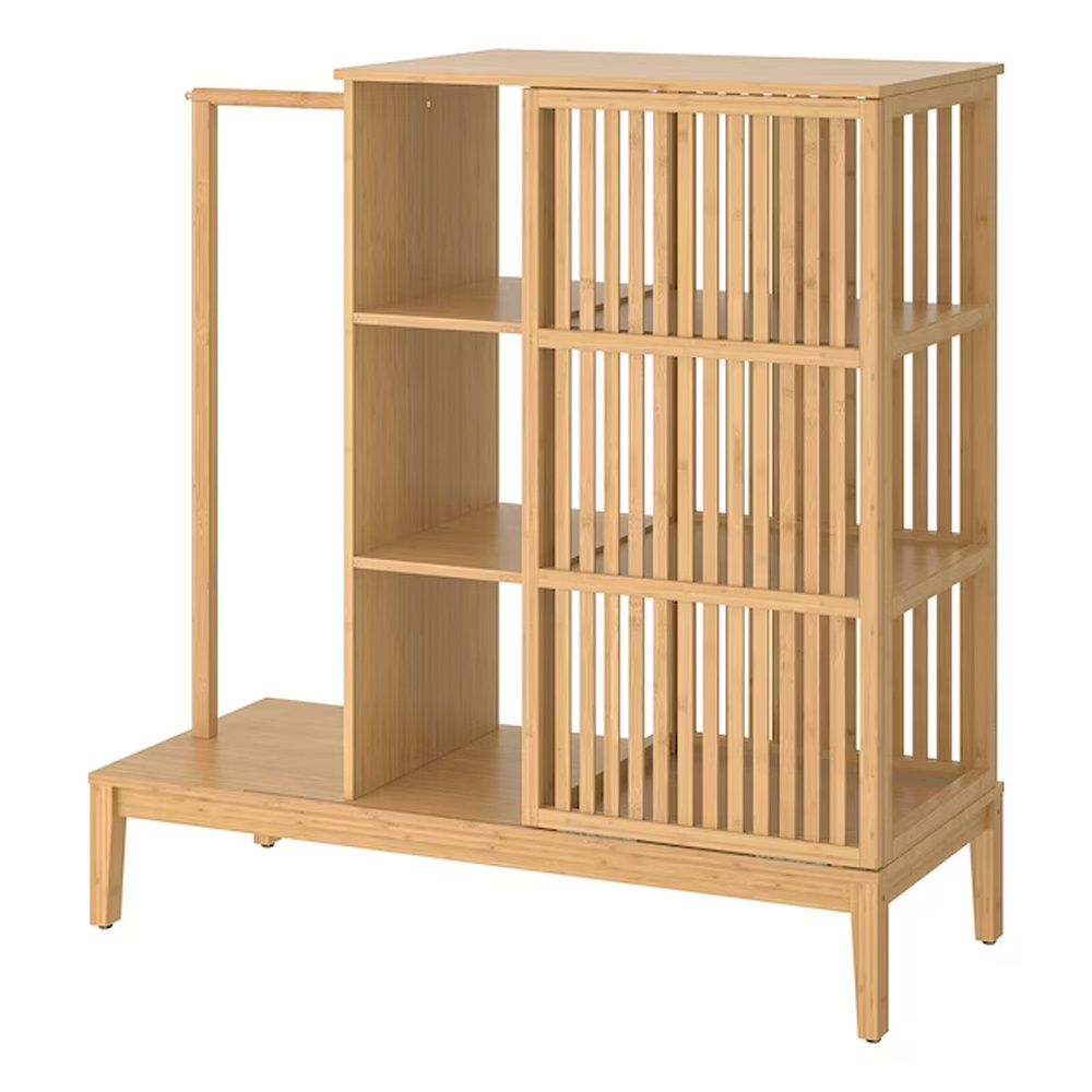 Open Wardrobe with Sliding Door Bamboo Shelf Rack Clothes Bamboo Rail Cloth Rack for Storing Clothes Basket with 3 tiers