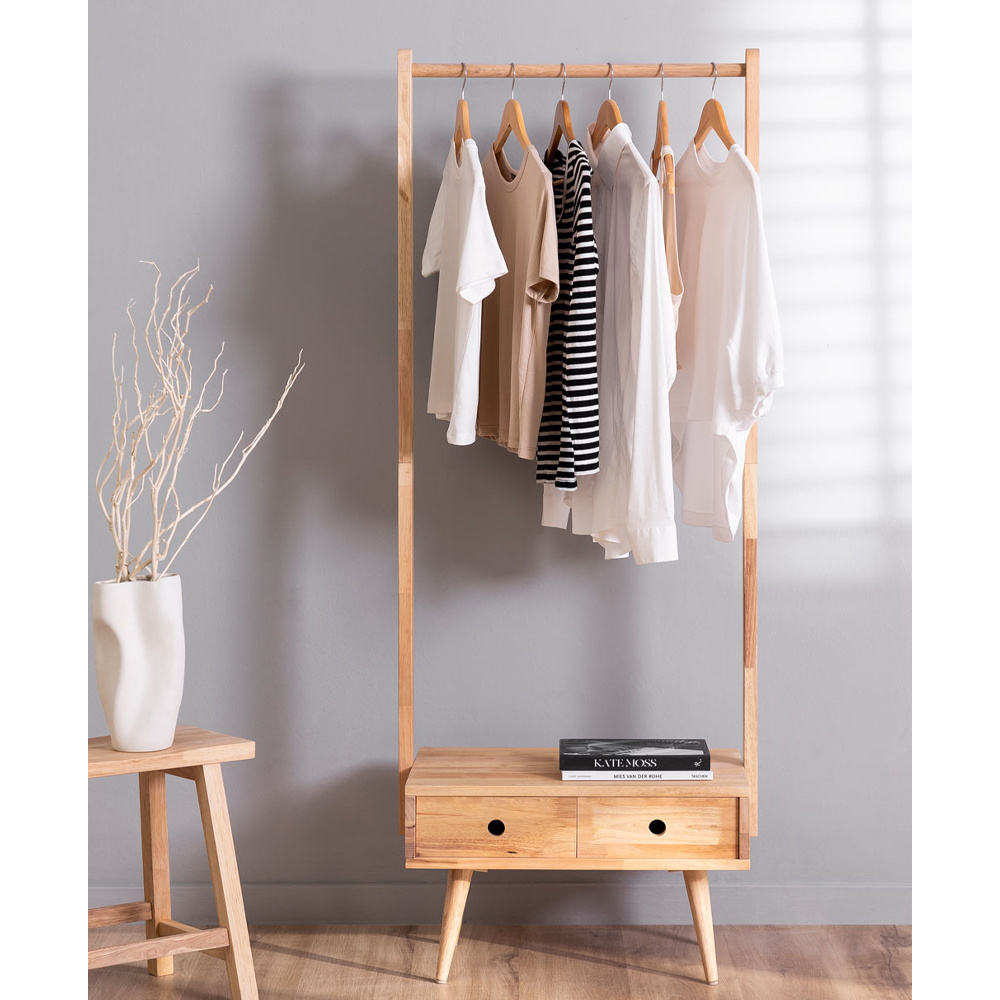 Factory Supply wooden Free-standing Hat Coat Closet Rack With Shelves Hanging Rod and Table 2 Drawers For Living Room