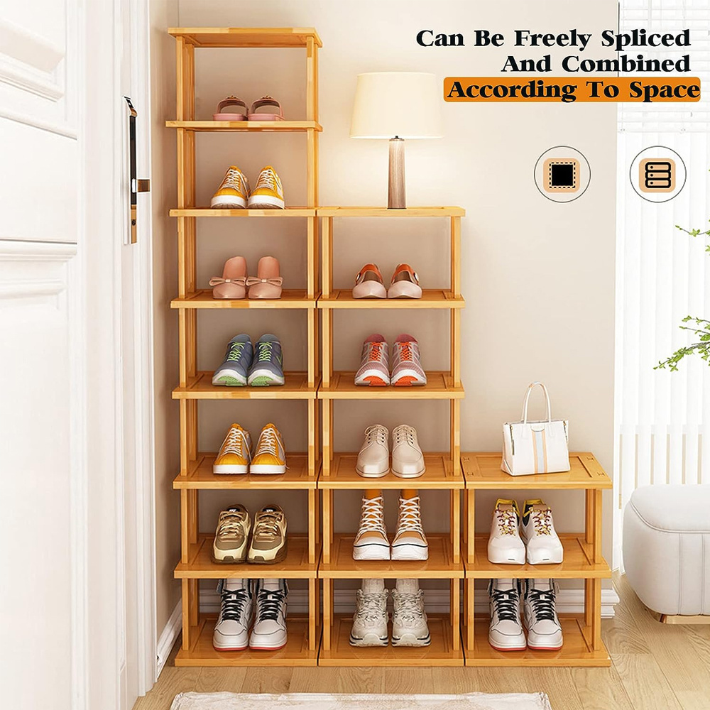 High Quality 8 Tier Vertical Shoe Rack Bamboo Narrow Shoes Organizer Tall Tower Space Saving Corner Shoe Shelf for Entryway