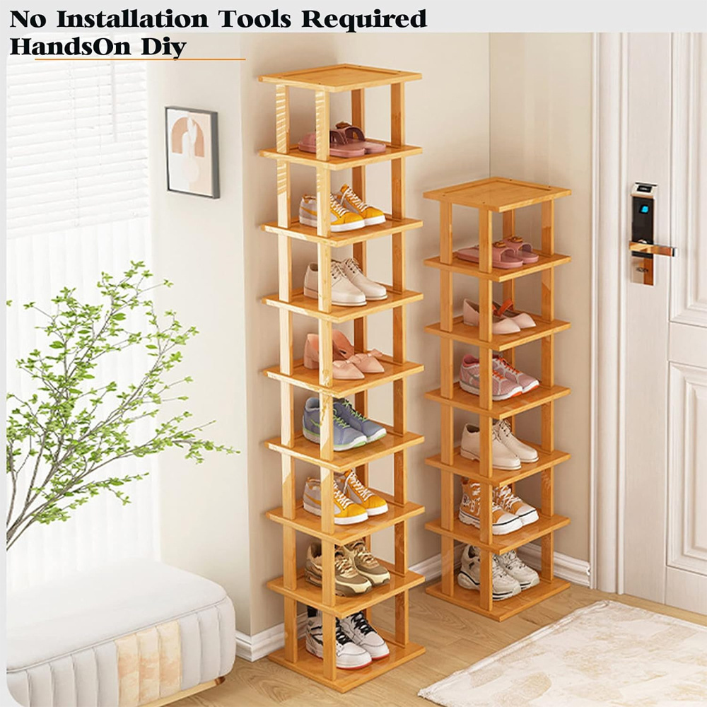 High Quality 8 Tier Vertical Shoe Rack Bamboo Narrow Shoes Organizer Tall Tower Space Saving Corner Shoe Shelf for Entryway