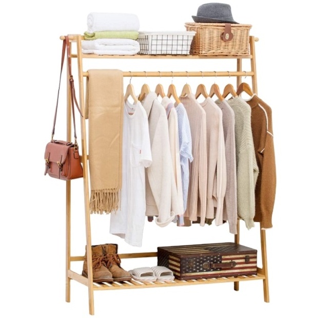 Natural Bamboo Garment Coat Clothes Hanging Wooden Clothing Storage Organizer Shelves with top Shelf and shoe rack