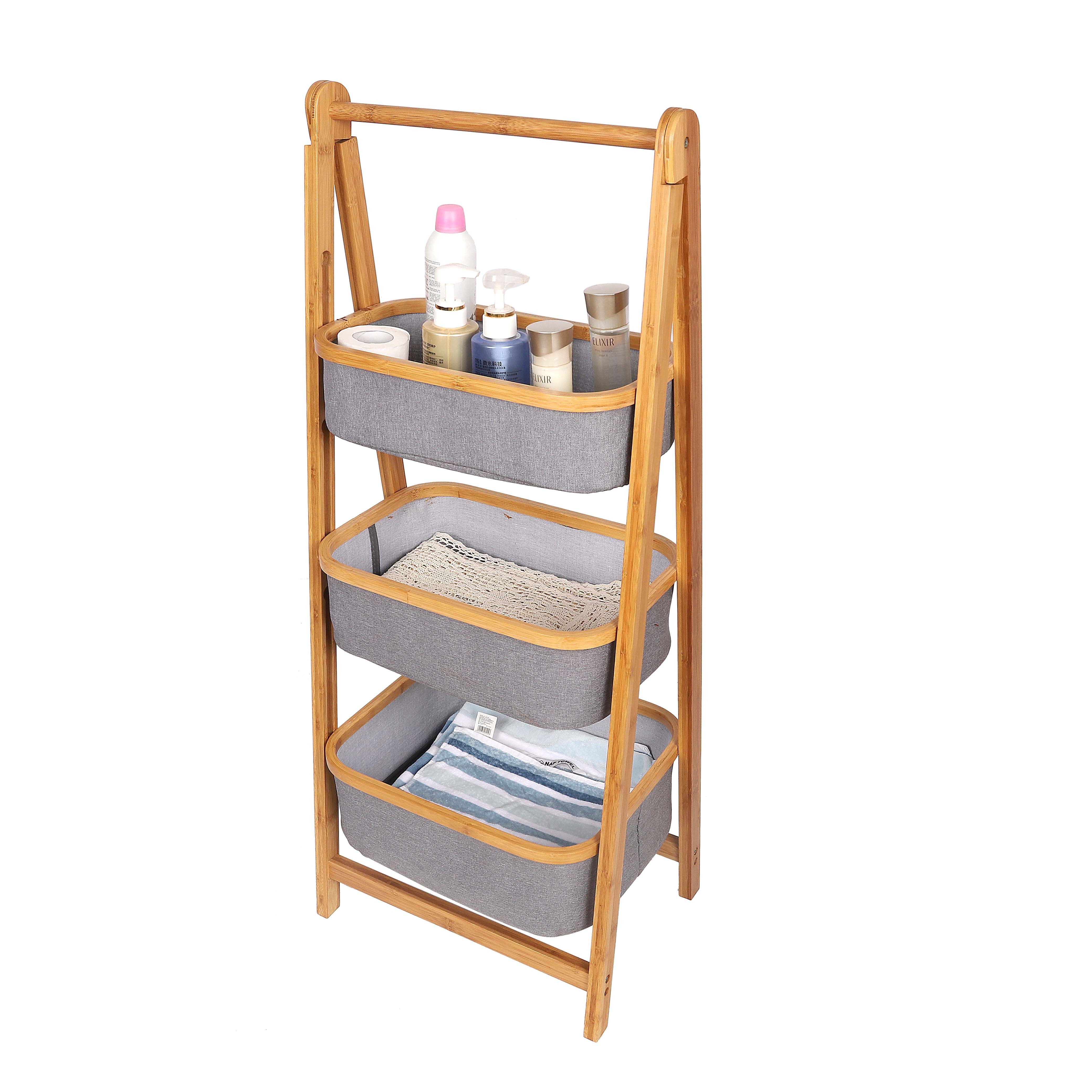 3 Tiers Foldable Bamboo Bathroom storage Shelf with 1 Shelf 2 Baskets Display Shelving Unit for home