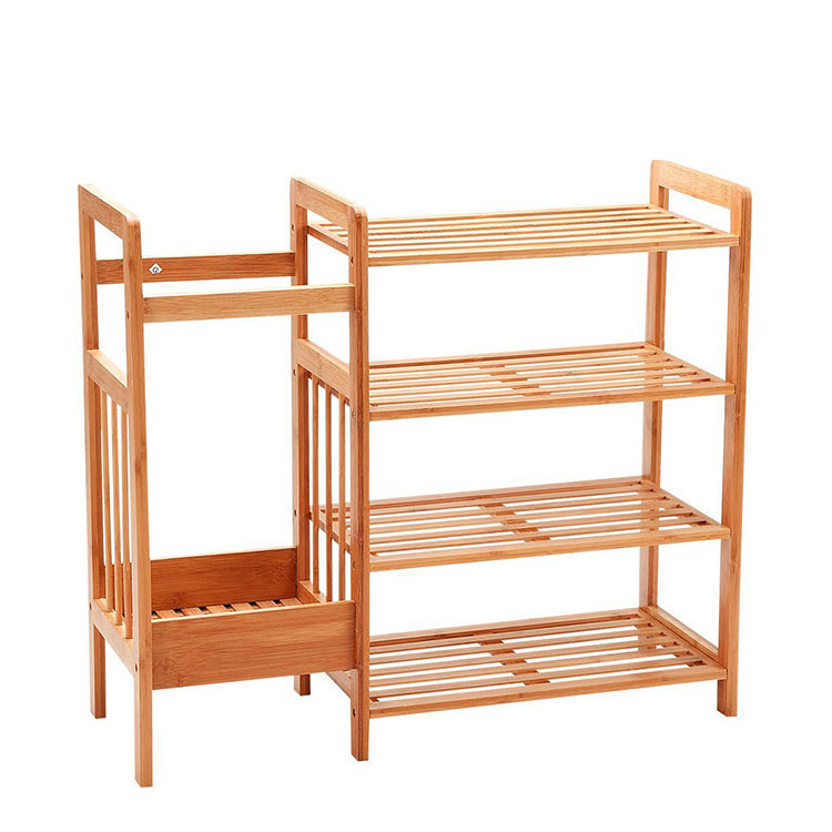 Natural Bamboo 4-Tier Shoe Rack With Seat Entryway Shoe Shelf Storage Organizer