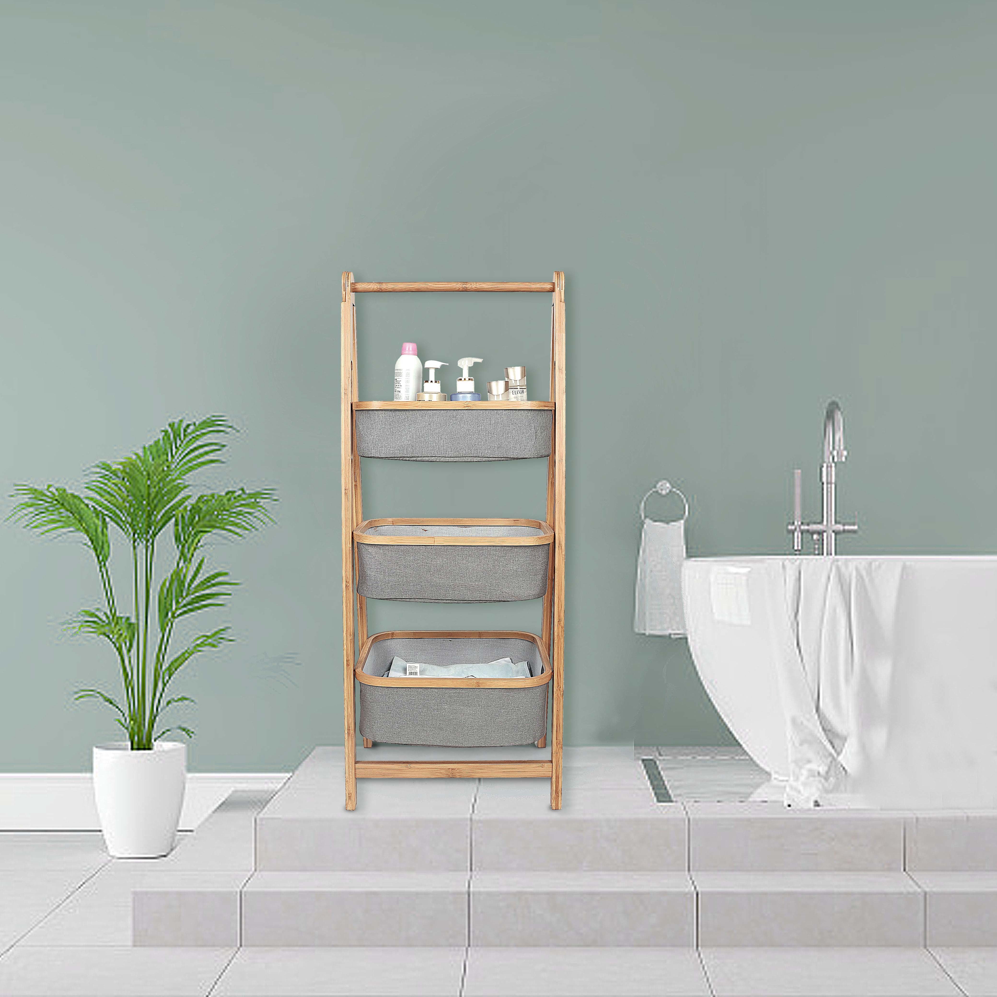 3 Tiers Foldable Bamboo Bathroom storage Shelf with 1 Shelf 2 Baskets Display Shelving Unit for home