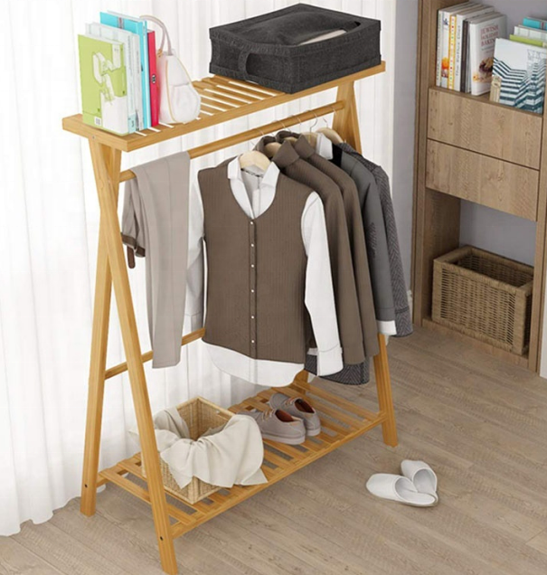 natural Bamboo X-Shape Bamboo Cloth Shelf With 1-tier Shelf Unit clothes hanger