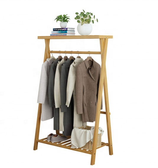 natural Bamboo X-Shape Bamboo Cloth Shelf With 1-tier Shelf Unit clothes hanger