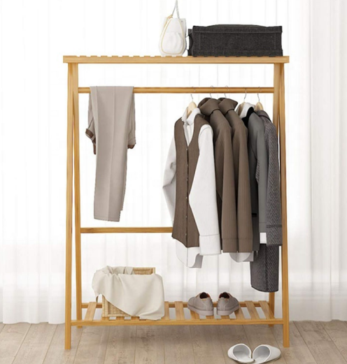 natural Bamboo X-Shape Bamboo Cloth Shelf With 1-tier Shelf Unit clothes hanger