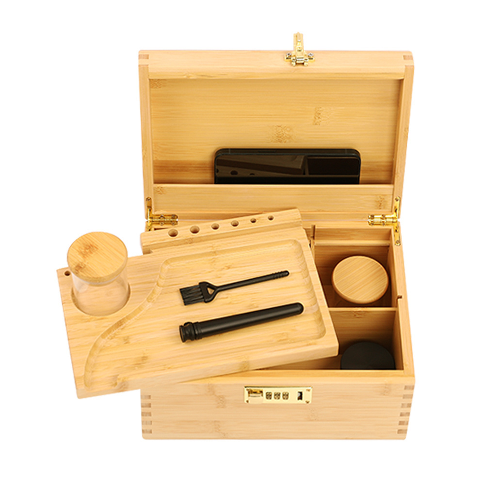 Wholesale Customized Logo Handmade Storage Wooden Rolling Tray Cigarette Box Bamboo Stash Boxes With Metal Cipher Lock