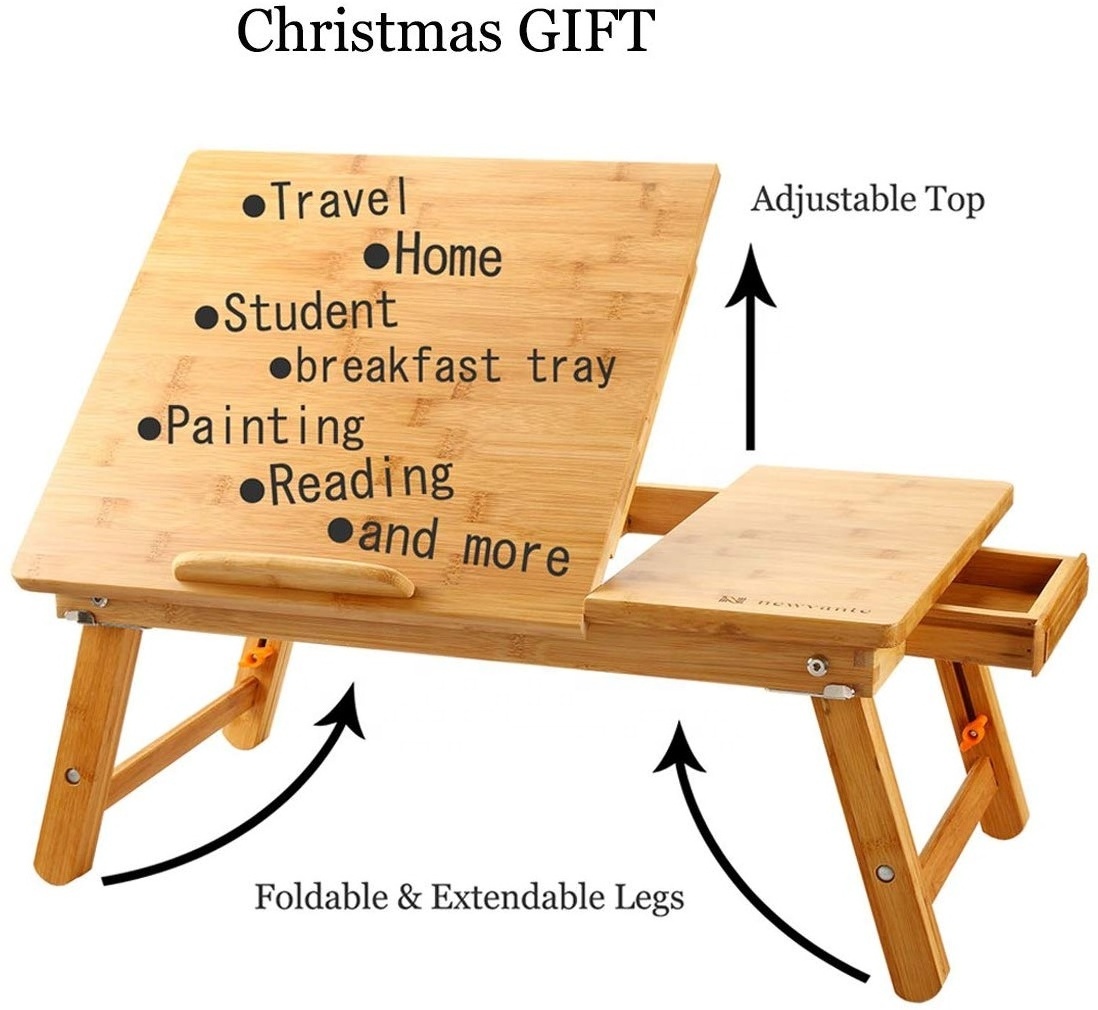 Wholesale Foldable Breakfast Serving Bed Tray with Tilting Top and Drawer Adjustable Table Bamboo Laptop Desk