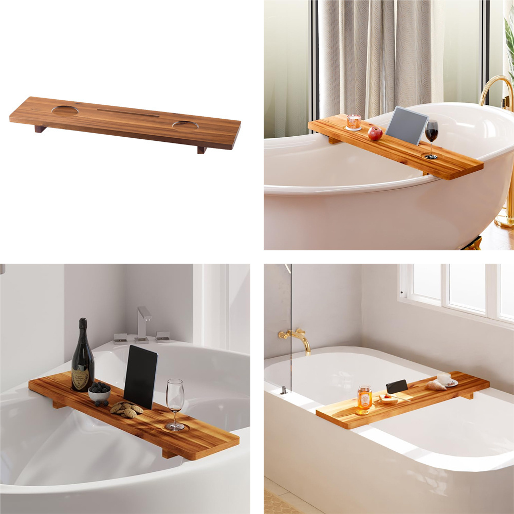 Bathroom Accessories Bathtub Tray Solid Wood Bathtub Organizer Shower Trays with Wine Holder Luxury Deep Bath Caddy for Tub