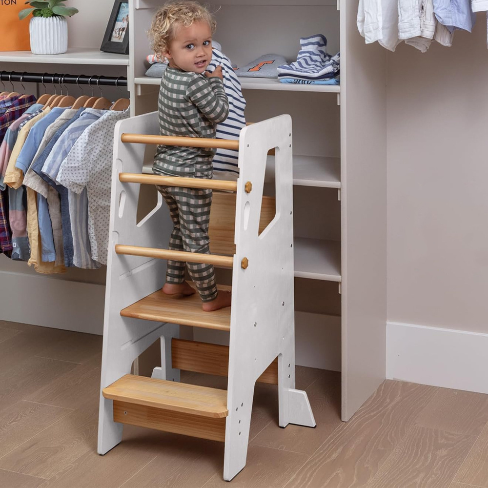 Kids Step Stool Standing Folding Learning Tower With Adjustable Wooden Kitchen Helper Tower For Toddlers Learning With Toys