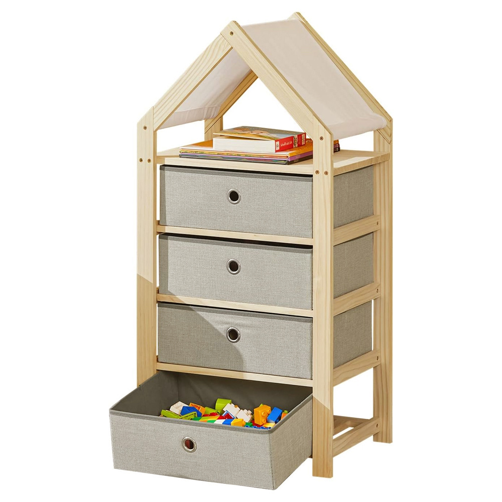 4 tier Natural Kids Book Rack Storage Bookshelf Children Storage Book Toy Shelf Standing Home Storage Shelving with 4 Drawers