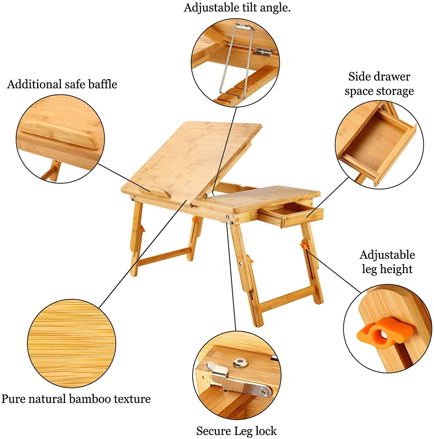 Wholesale Foldable Breakfast Serving Bed Tray with Tilting Top and Drawer Adjustable Table Bamboo Laptop Desk