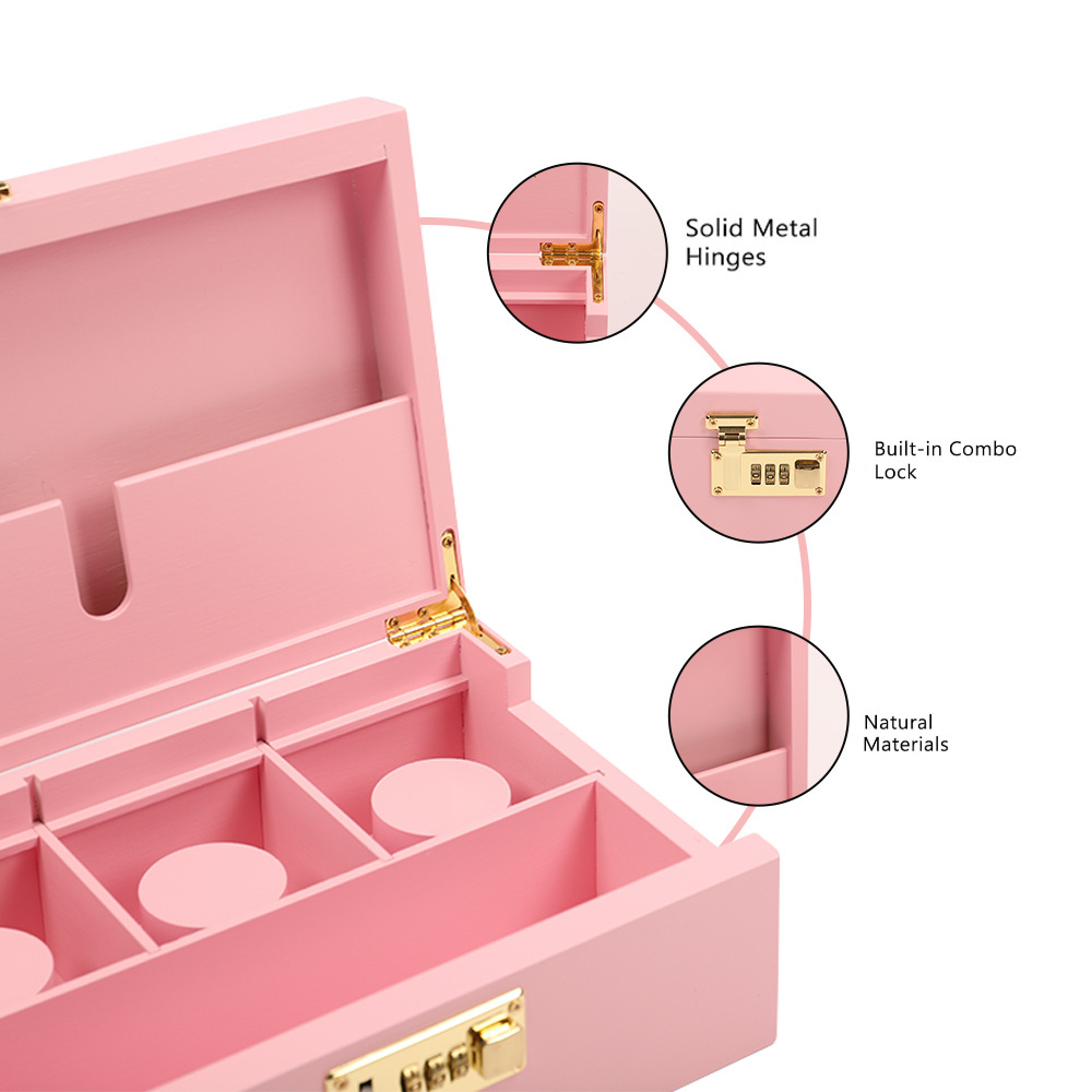 pink customize LOGO smoking case accessories nature bamboo wooden smoking herb stash box with jars lock combo kit