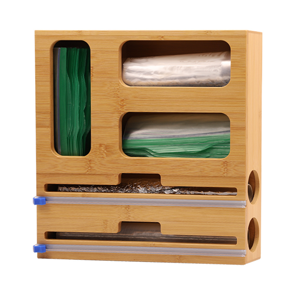 Natural Mini Zip Lock Bag Wrap Organizer 5 in 1 Bamboo Ziplock Bag Storage Organizer for Kitchen Drawer