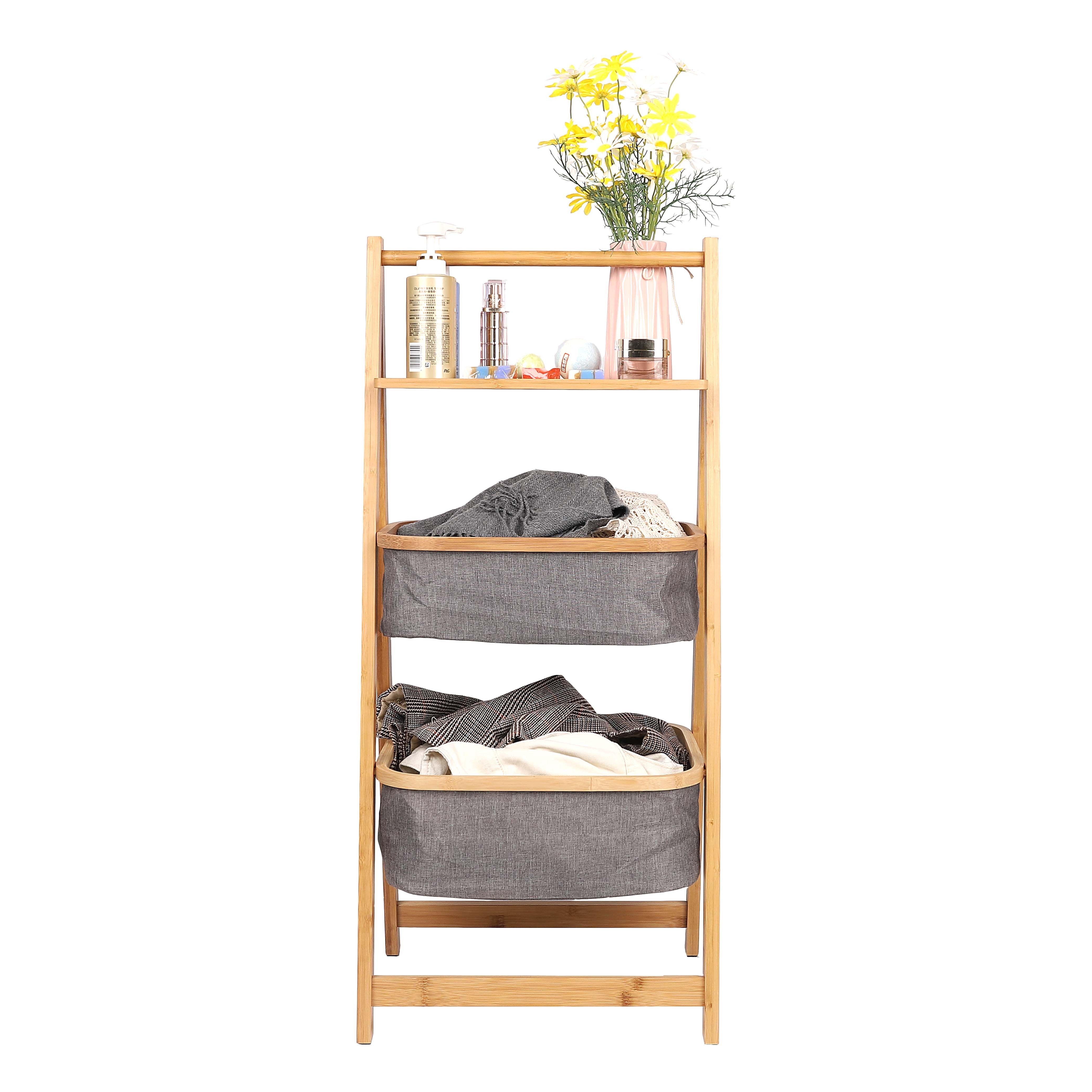 3 Tiers Foldable Bamboo Bathroom storage Shelf with 1 Shelf 2 Baskets Display Shelving Unit for home