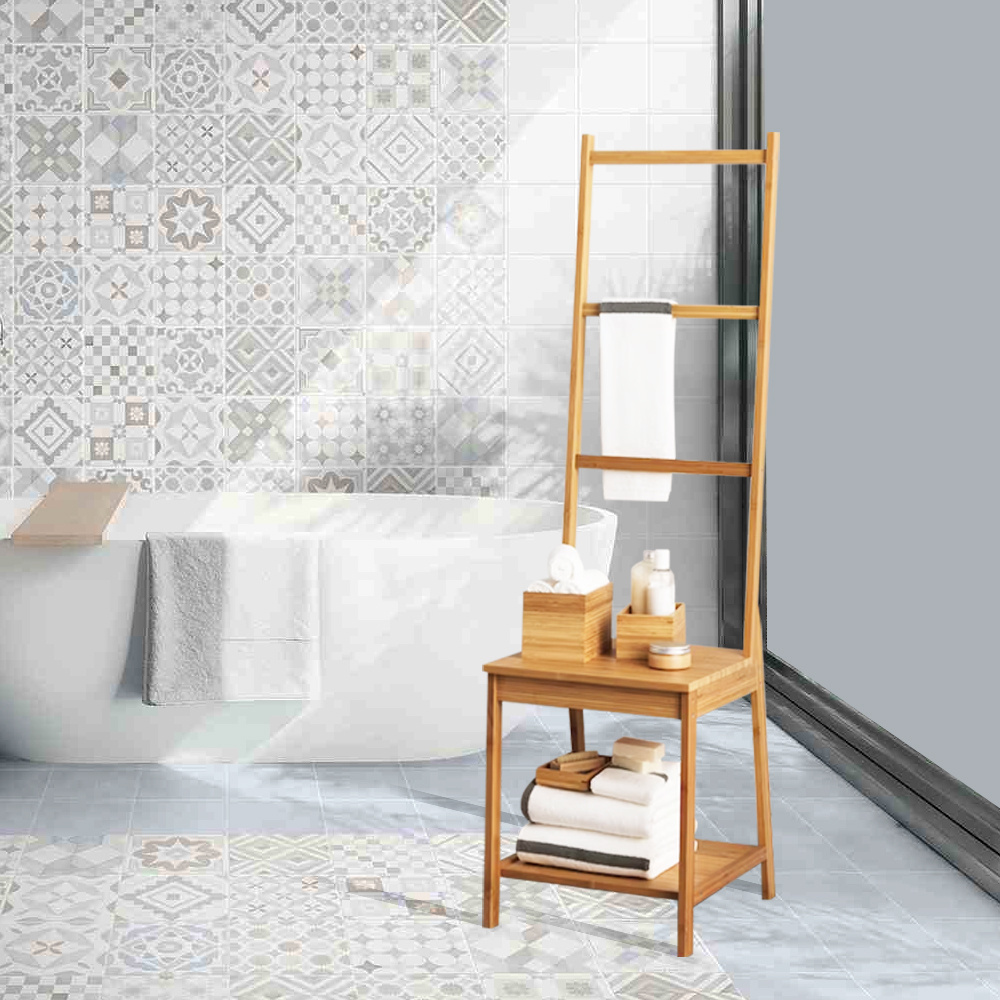 Hot Sell Bamboo Bathroom Storage Rack Chair Seat with Towel Holders Free Standing Storage Shelf Towel Rack