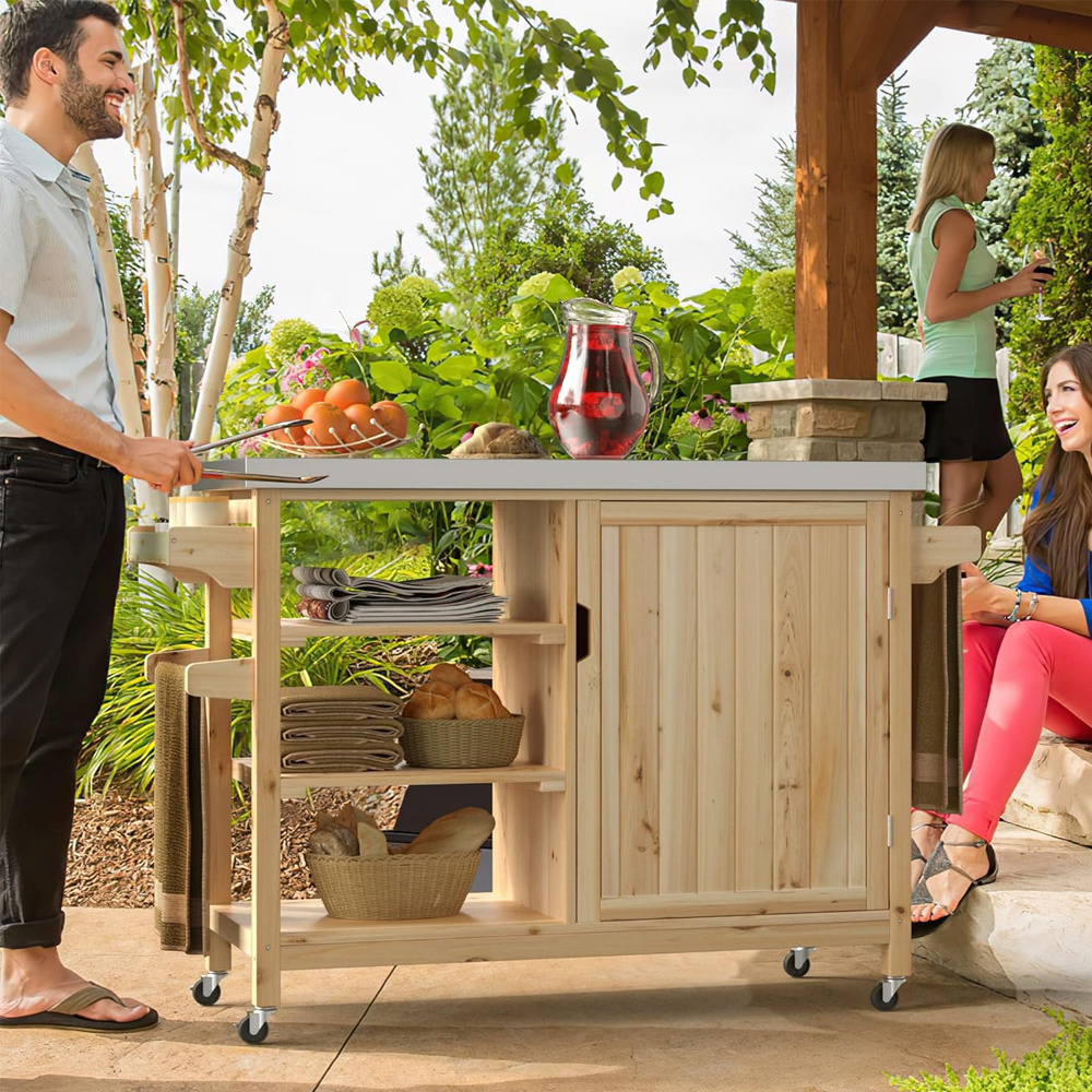 Outdoor wooden trolley Mobile Kitchen Island Cart With Wine Rack and Storage Space For Home Furniture Kitchen Cabinets