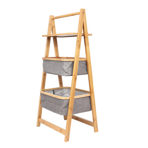 3 Tiers Foldable Bamboo Bathroom storage Shelf with 1 Shelf 2 Baskets Display Shelving Unit for home